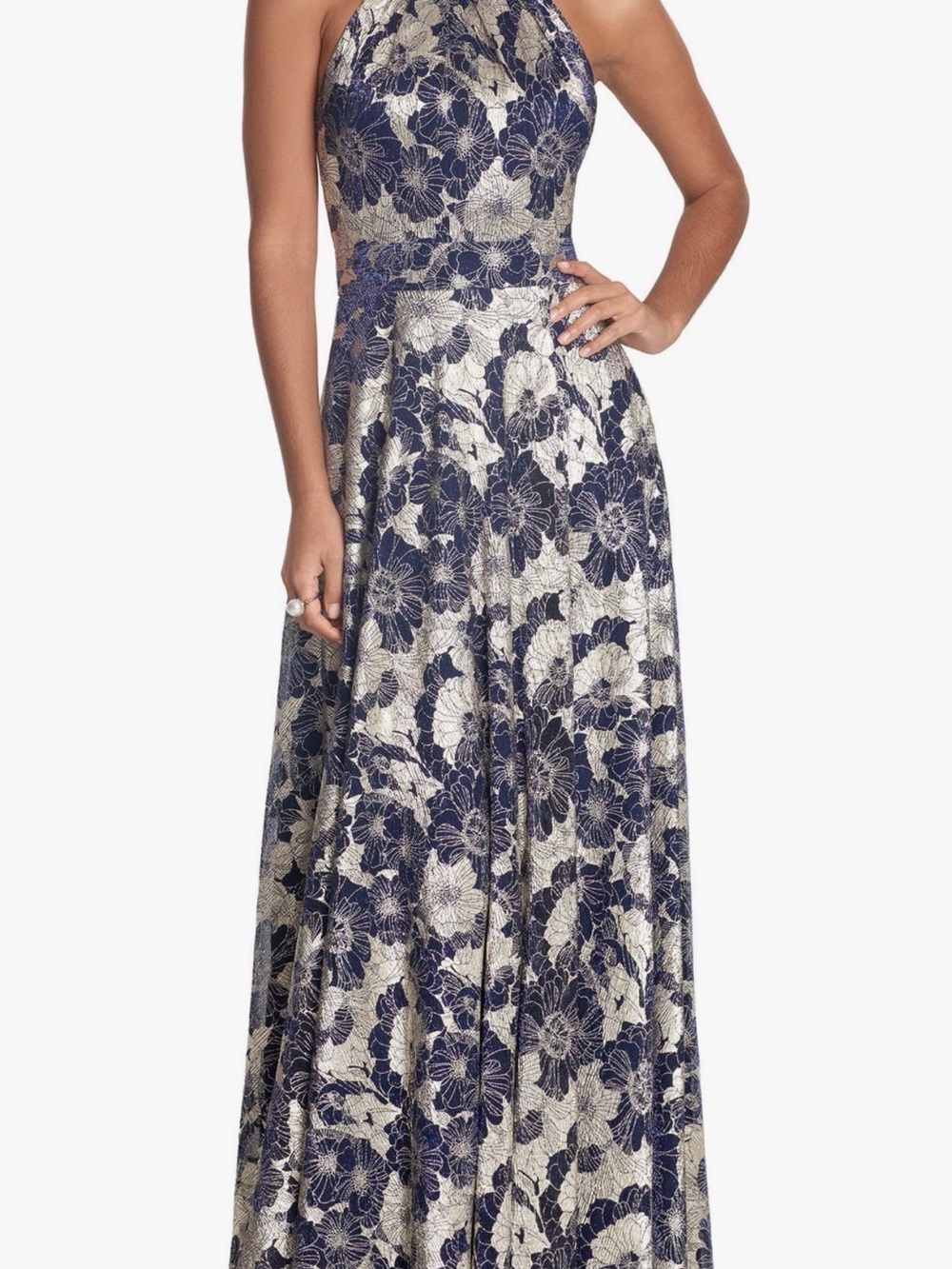 Betsy & Adam Navy Gold Floral Jacquard Halter Gown 14P Petite Formal